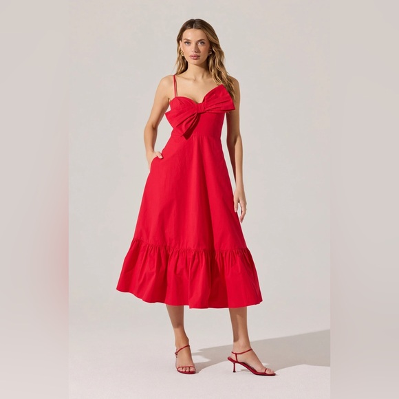 Astr Red Midi Dress with Bow Detail - NWT - Size Medium - Picture 1 of 7